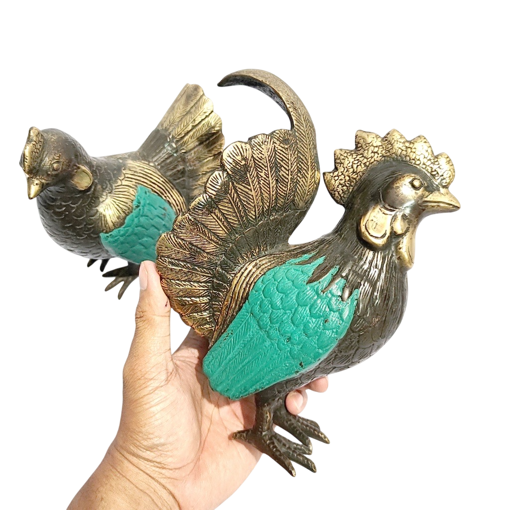 A Pair 9.5'' Green Brass Rooster and Hen Figurine