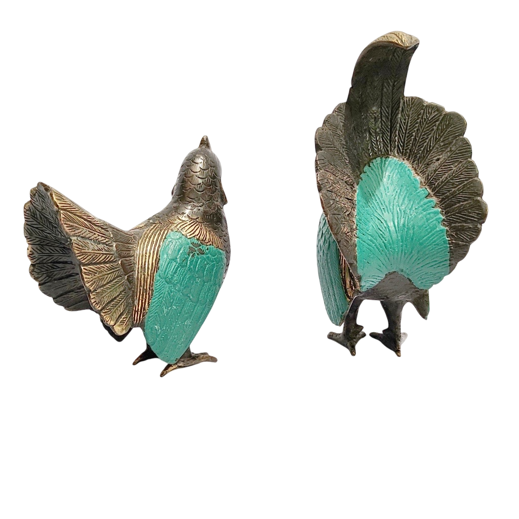 A Pair 9.5'' Green Brass Rooster and Hen Figurine