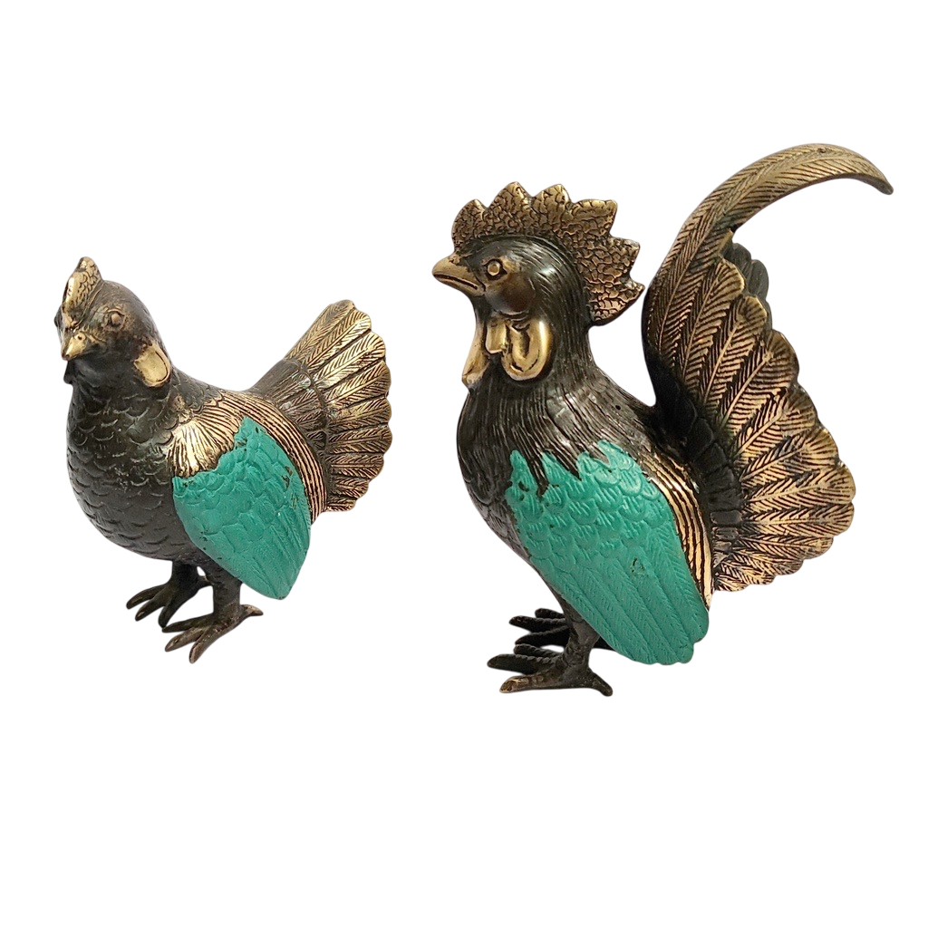 A Pair 9.5'' Green Brass Rooster and Hen Figurine
