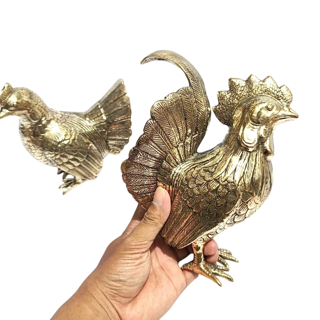 A Pair 9.5'' Gold Brass Rooster and Hen Figurine
