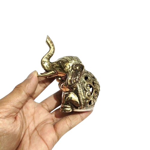 3.9'' Tall Sat Elephant Carving Brass figurine