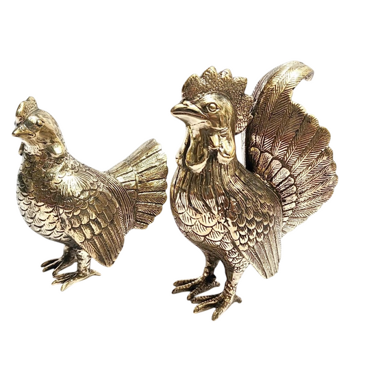 A Pair 9.5'' Gold Brass Rooster and Hen Figurine