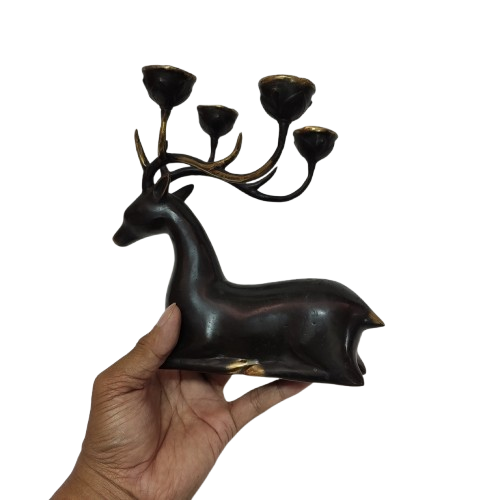 7.8'' Tall Candle Light Stand Sat Deer Brass Figurine