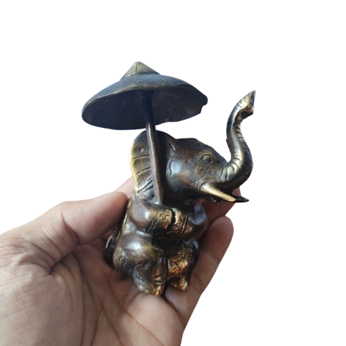 4.7'' Bronze Sat Elephant with Umbrella Figurine