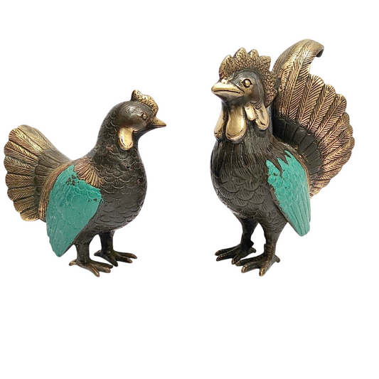 A Pair 9.5'' Green Brass Rooster and Hen Figurine