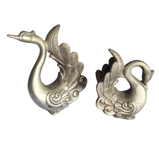 4.7 '' Tall A Pair of Beautiful Swan Bronze Figurines