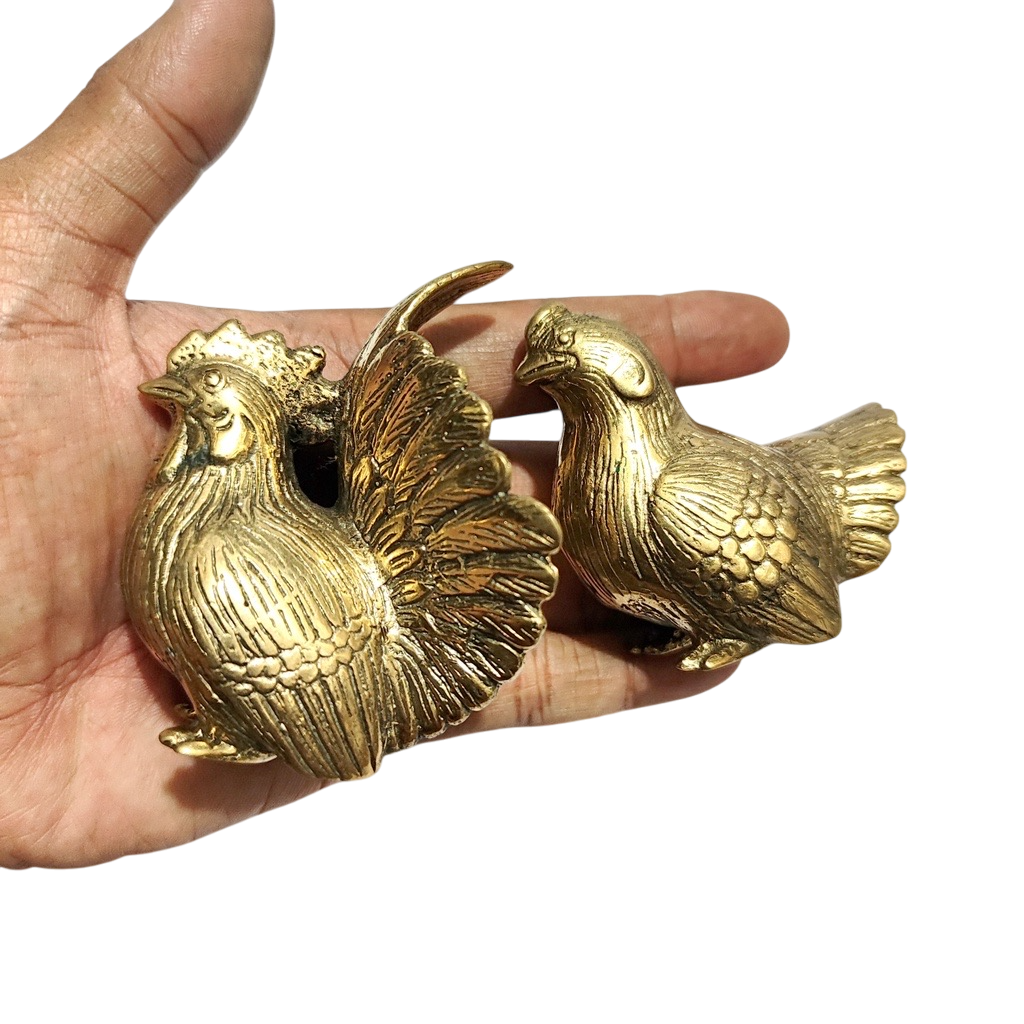 3'' Tall Miniature Brass Rooster and Hen Figurine