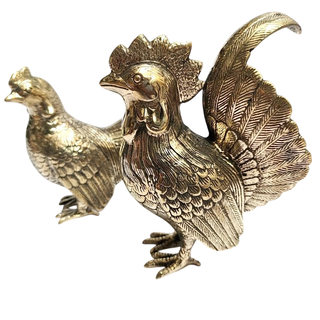 A Pair 9.5'' Gold Brass Rooster and Hen Figurine