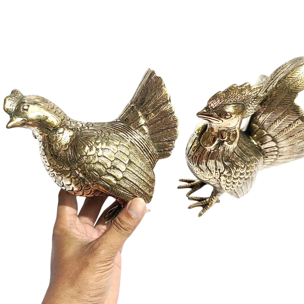 A Pair 9.5'' Gold Brass Rooster and Hen Figurine