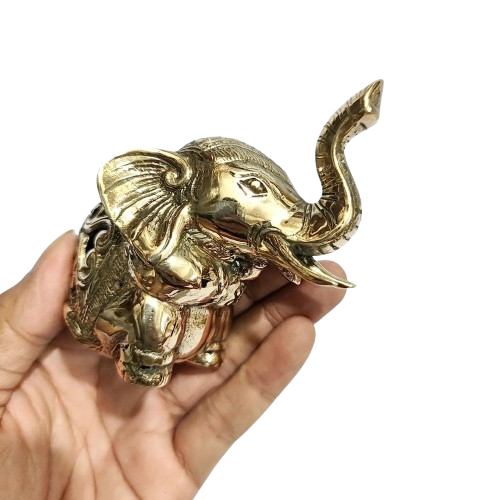 3.9'' Tall Sat Elephant Carving Brass figurine
